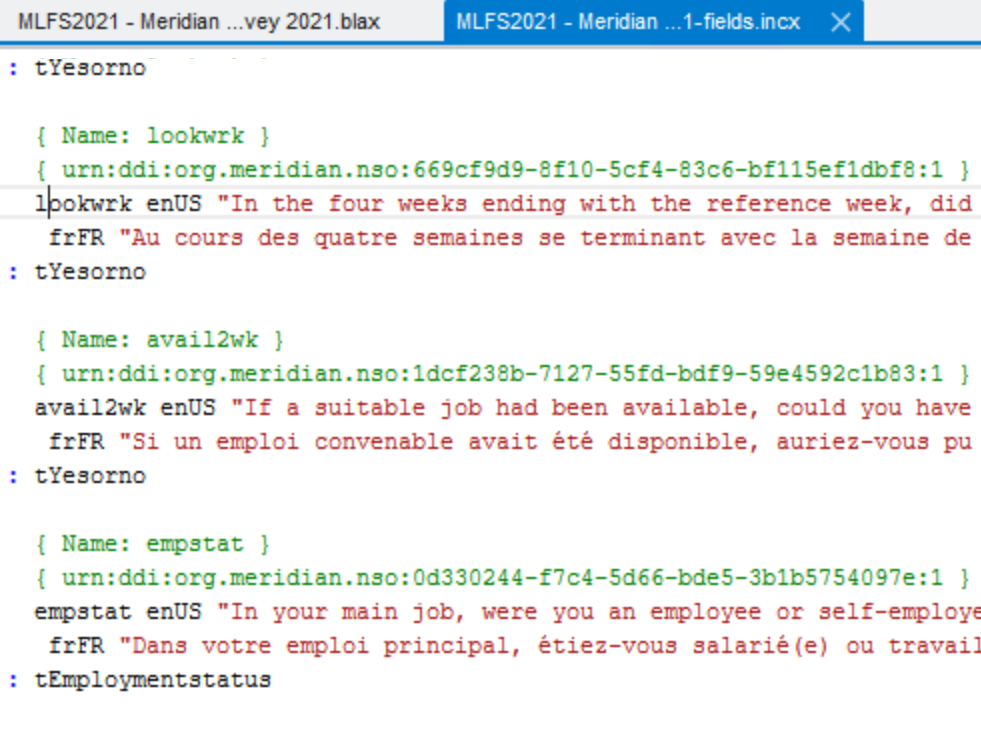 Generated Blaise 5 source code with the DDI identifier of each field in a comment above it