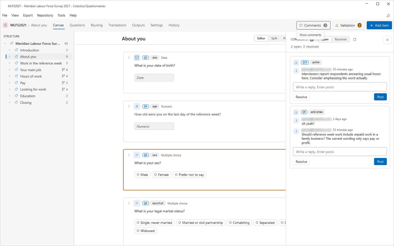 The comments rail with discussion threads attached to questions