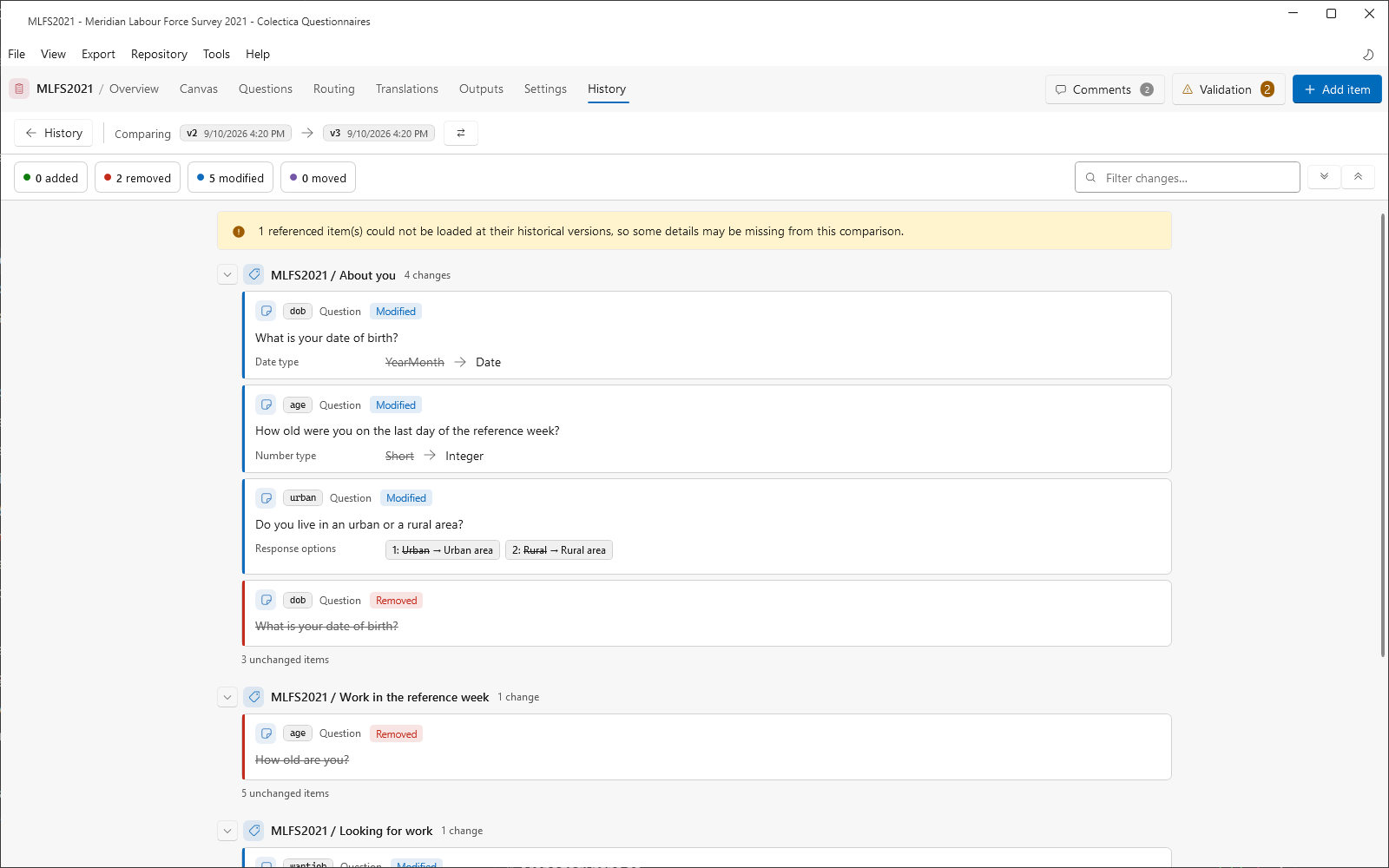 The compare view listing added, removed, and modified items between two versions of a survey